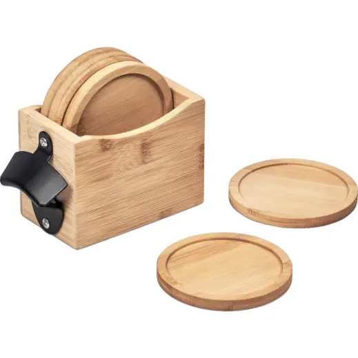 Okiyo Kanpai Bamboo Coaster & Bottle Opener Set Natural